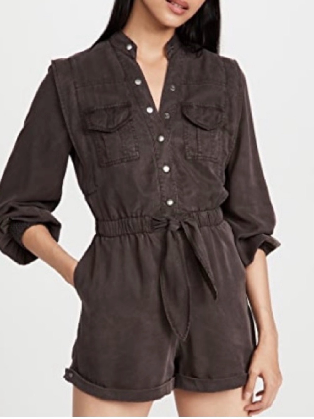 Alice + Olivia Washed Brown Tie-Waist Utility Romper